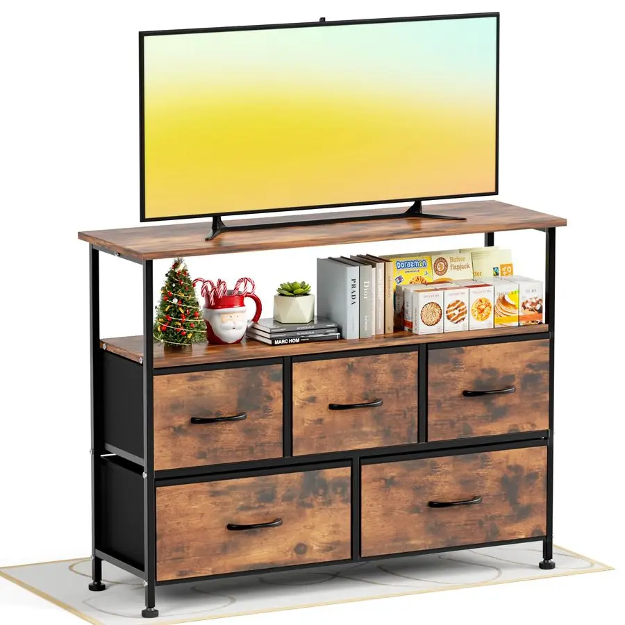 

TV Stand Dresser for Bedroom Entertainment Center with 5 Fabric Drawers, Storage Organizers Units for Living Room, Media Console