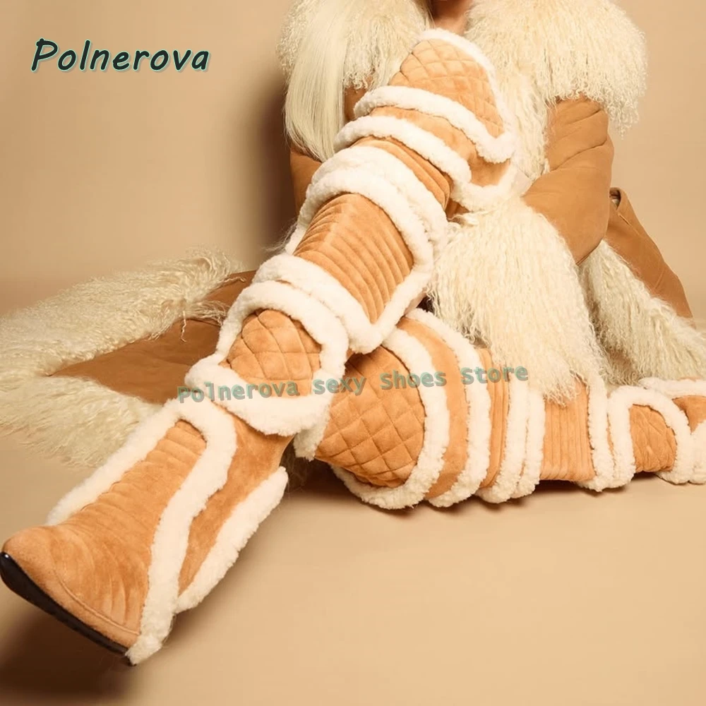 البني فو الفراء مثير حذاء برقبة للركبة 2025 الخريف الشتاء الوافدين الجدد أشار تو خنجر المرقعة حار فتاة أحذية أنيقة