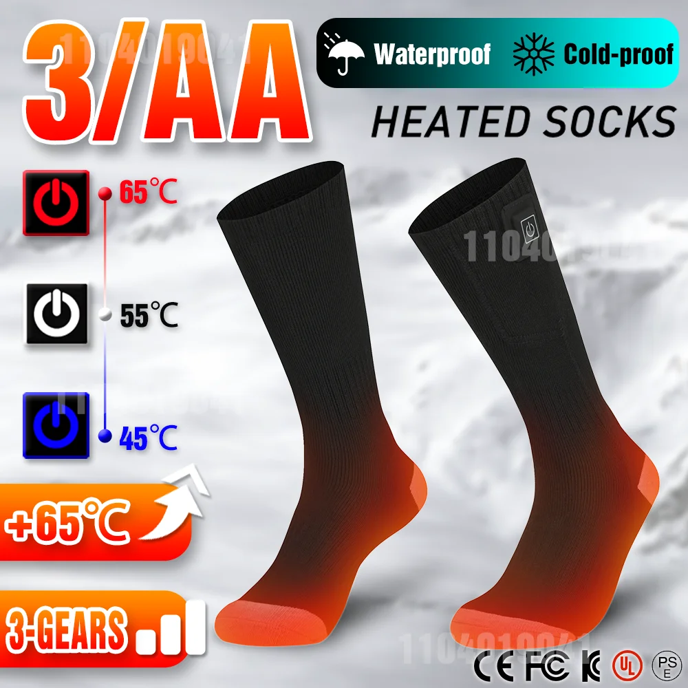 65 ℃   Calcetines calefactables eléctricos con estuche de batería, calcetines cálidos de invierno con botones controlables, calcetines calefactores para moto de nieve, caza, esquí, calcetín al aire libre