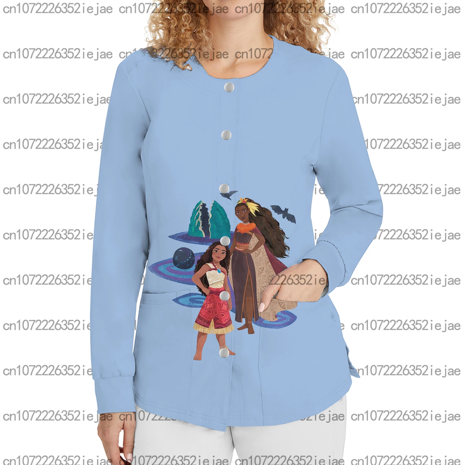 

Женская рабочая униформа для сестер, зоомагазин, матовая куртка с круглым вырезом и пуговицами, Disney Tiana Ocean Princess Print, салон красоты, зоомагазин