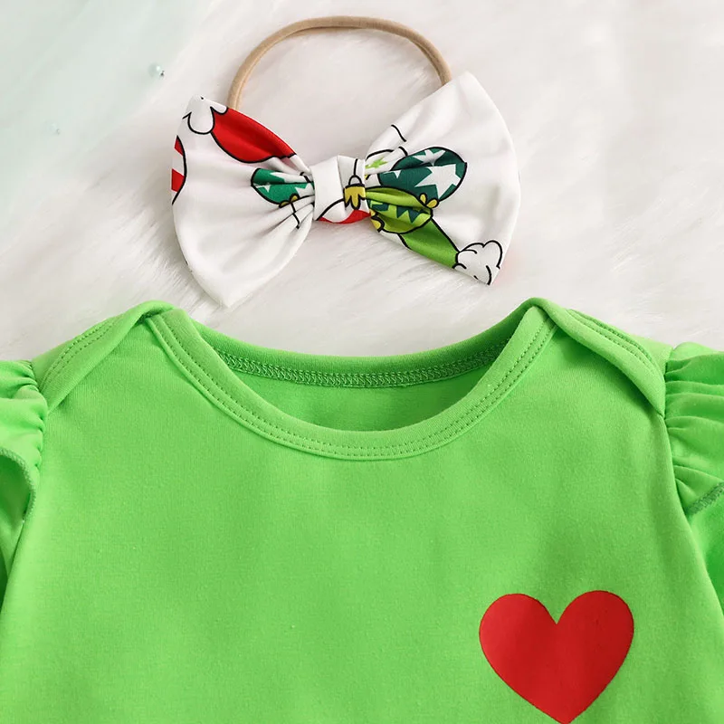 2024 New 3pcs Baby Bodysuit Set Christmas Day Toddler Cute Jumpsuit + Balloon Strap Skirt+ Hair Band Infant Outfit