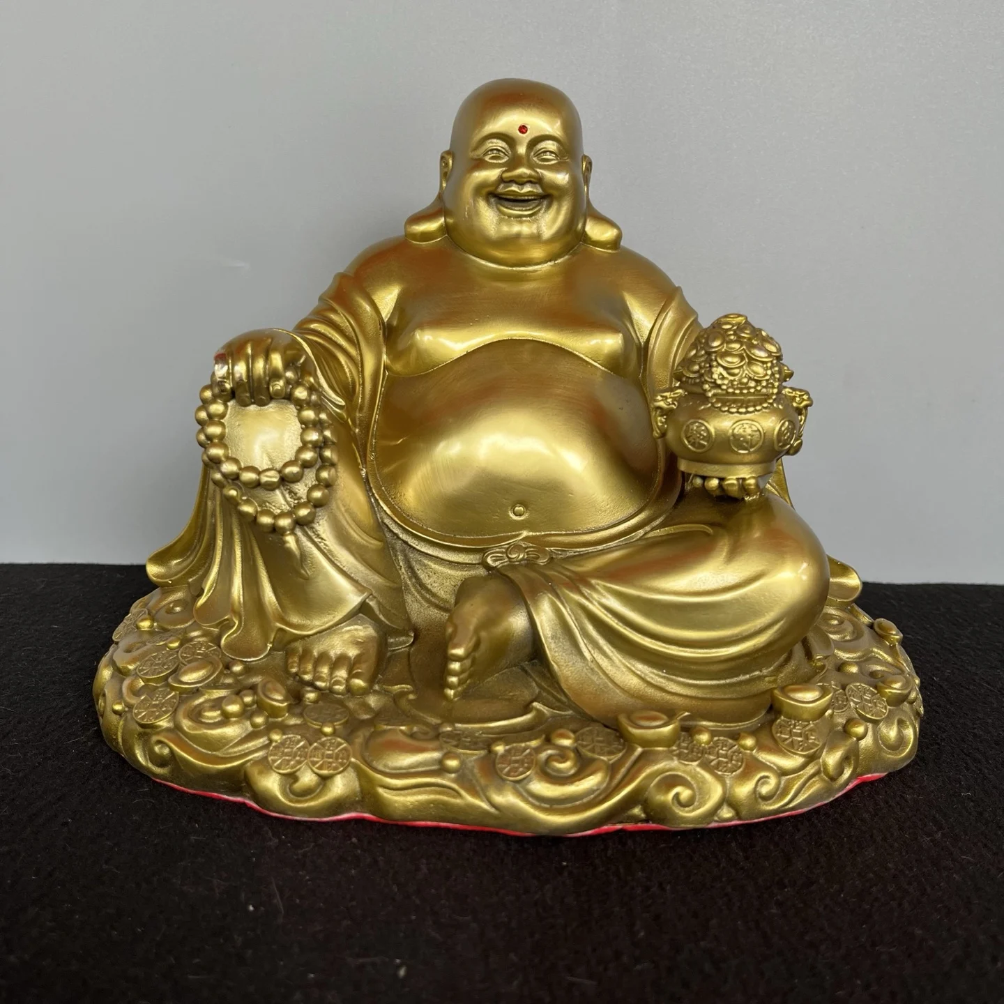 

9"Tibetan Temple Collection Old Brass Cinnabar Maitreya Buddha Yuanbao coin treasure pot Sitting Buddha Worship Hall Town house