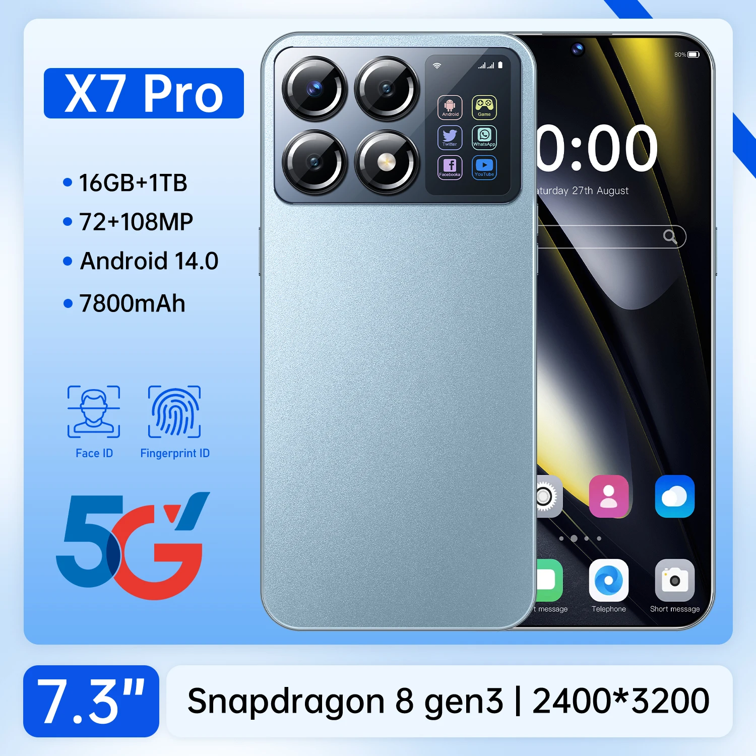 

CSJ-4R700-09EU101X7 Pro 7.3-inch 2025 original smart 5G phone dual card dual standby Android14 system 7800mAh battery