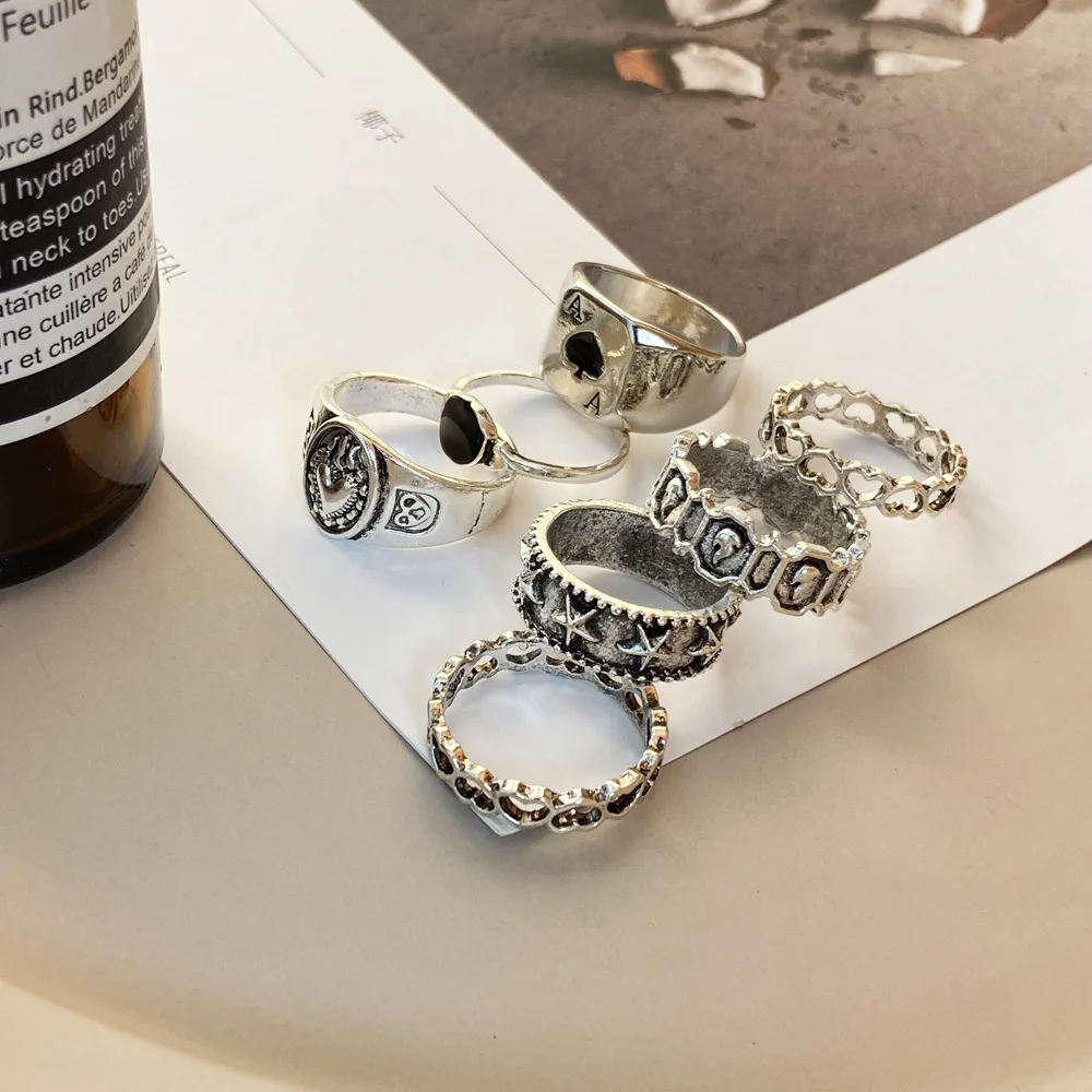 Vintage Silver Color Skull Heart Rings Set For Women Men Gothic Chain Retro Rings 2021 Trend Fashion Jewelry
