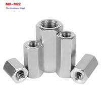 304 Stainless Steel M8 M10 M12 M14 M16 M18 M20 M22 Hexagon Hex Extended Long Rod Coupling Nut Connector Joint Tubular Nut