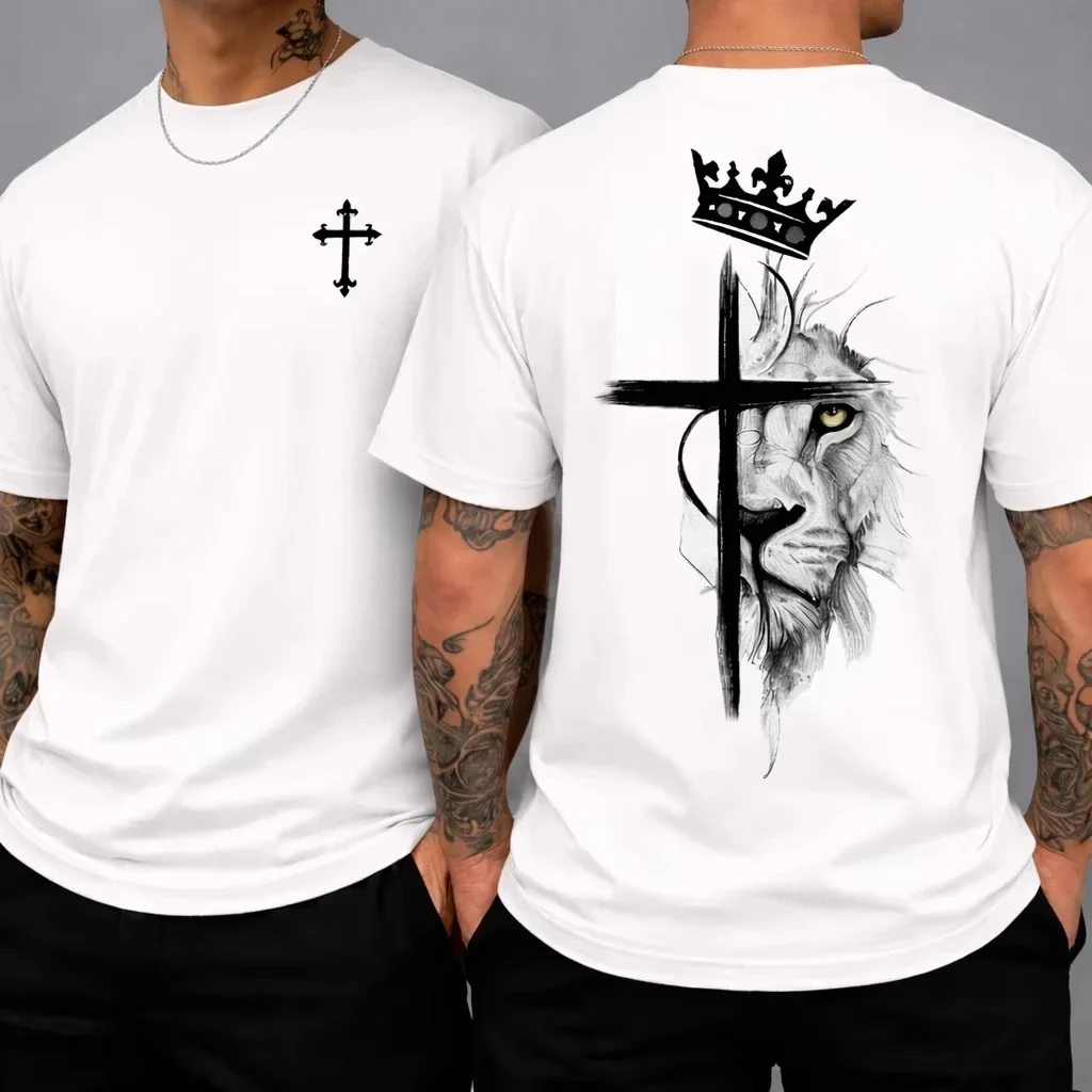 Fashion Men Lion Crown Cross Graphic T‑Shirt 3D Print Christian Faith Pattern Short Sleeve O‑Neck Casual Streetwear Tops