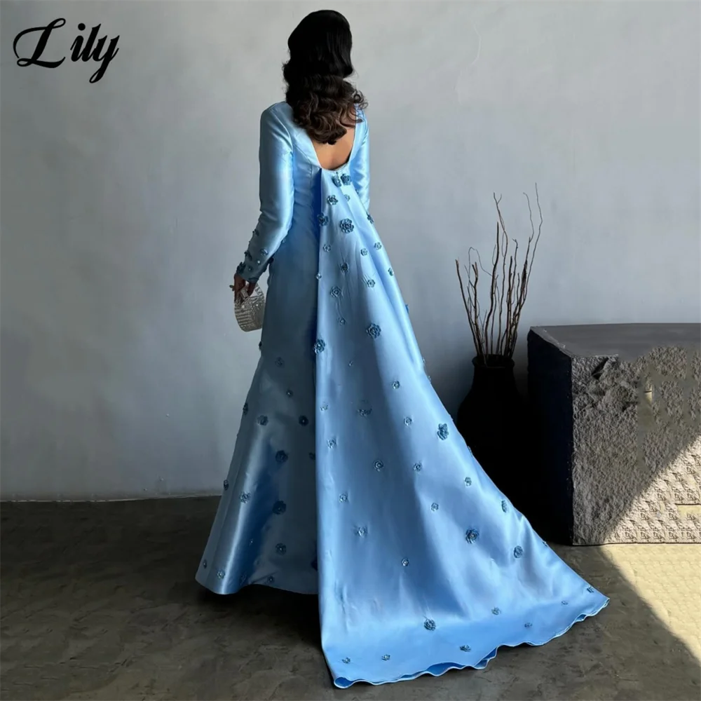Lily Blue รอบคอชุดราตรีซาตินชุดราตรียาวชุด 3D ดอกไม้ Appliques Mermaid Train ชุดอย่างเป็นทางการที่กําหนดเอง