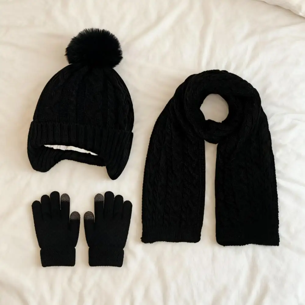 Knit Hat Scarf Set 3pcs Kids Winter Accessories Set Plush Ball Hat Twist Texture Scarf Warm Gloves for Weather Cozy Knit Hat