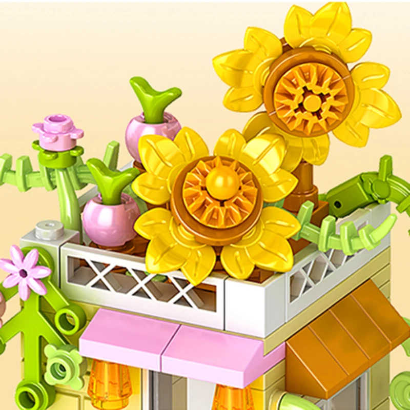 City Building Blocks Flower Shop Sunflower Store House Model Set Desktop Decor Kids DIY Toys Christmas Birthday Gift
