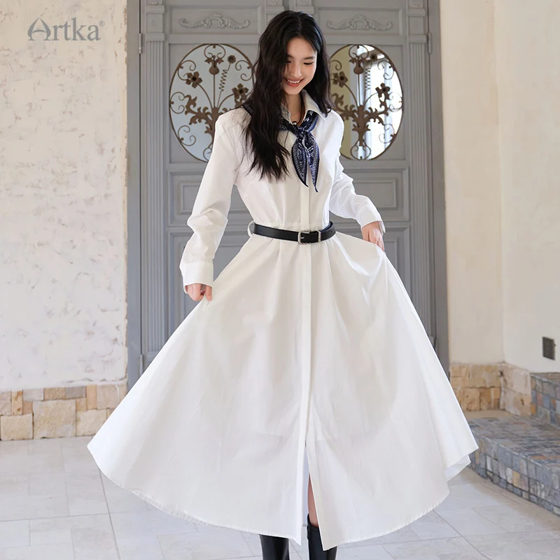 ARTKA 2025 Autumn New Women Dress French White Shirt A-Line Long Dresses Long Sleeve High Waist Dress With Scarf Belt LA82050Q