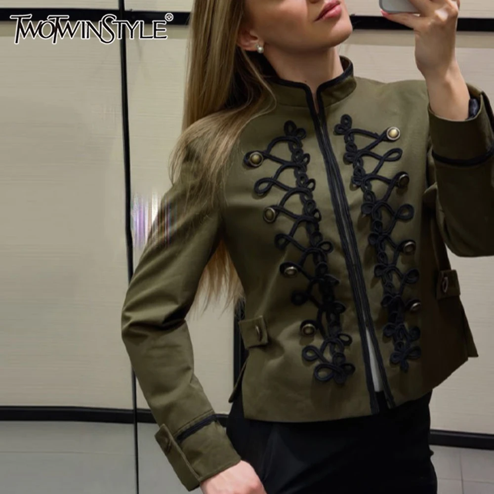 TWOTWINSTYLE Solid Loose Spliced Embroidery Jackets for Women Stand Collar Long Sleeve Vintage Design Jacket Female Summer New