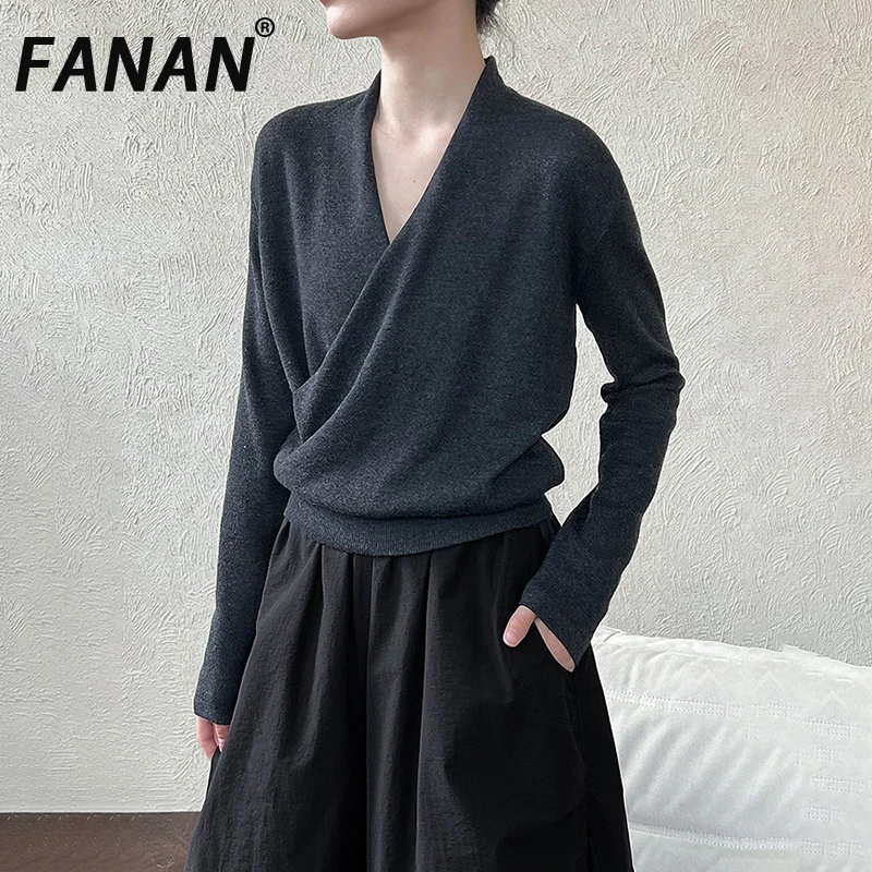 

FANAN Fashion Asymmetry Design Wool Knitting Pullover Sweater For Women V Neck Long Sleeve Female Fit Tops 2025 Autumn New