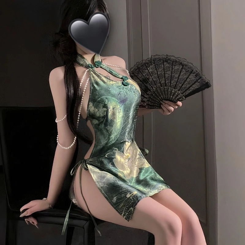 

Sexy Chinese Cheongsam Cosplay Uniform Pearl Bodycon Mini Dress Temptation Qipao Dress Halloween Night Clubwear Erotic Lingerie