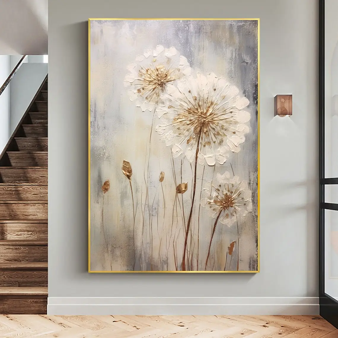 Blossom Dandelion Oil Painting on Canvas Large Wall Art Abstract Flower Art Handmade Painting White Wall Decor Living Room Decor