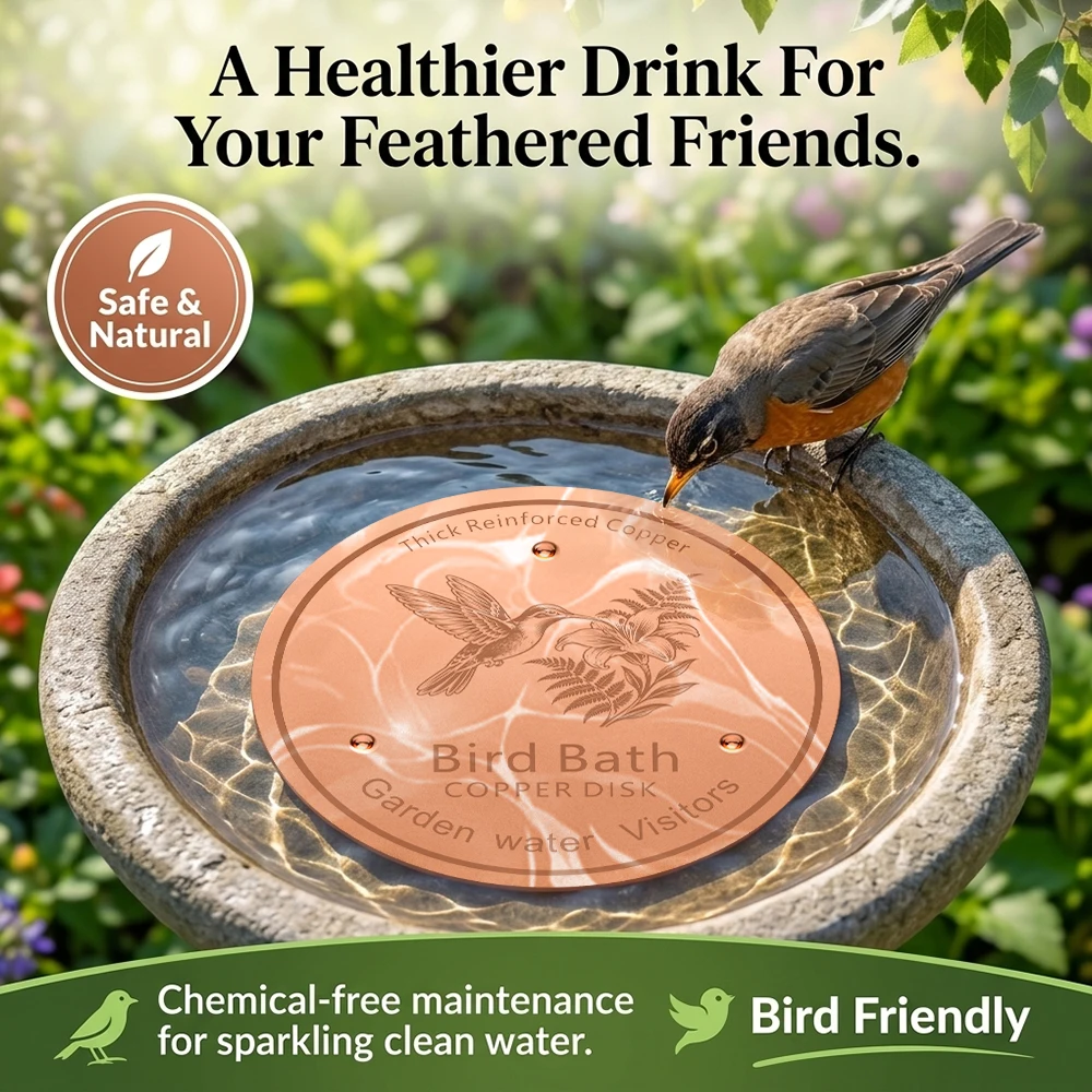 Thick Reinforced Copper Bird Bath Floating Disk with Hummingbird Pattern to Keep Water Clean for Garden Wildlife
