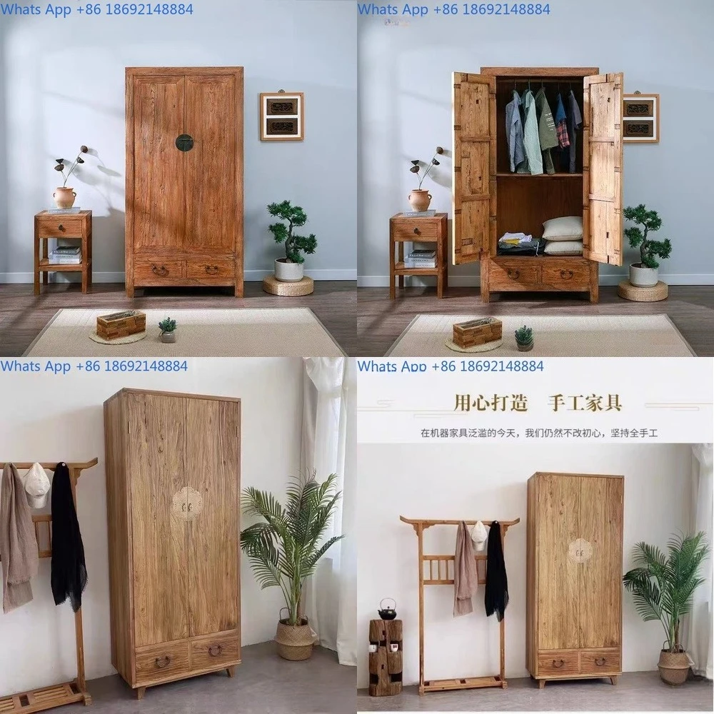 Solid Wood Wardrobe for Bedroom Home Use Double Door Closet with Hanging Space Storage Cabinet