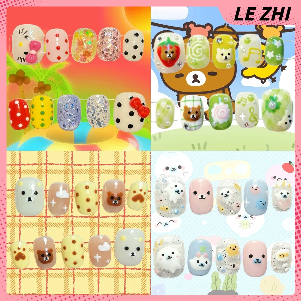 

Y2K Kawaii Hello Kitty Rilakkuma Handmade Short Square Round False Nails Polka Point Diamond Pearl Sequins Wings Press On Nails