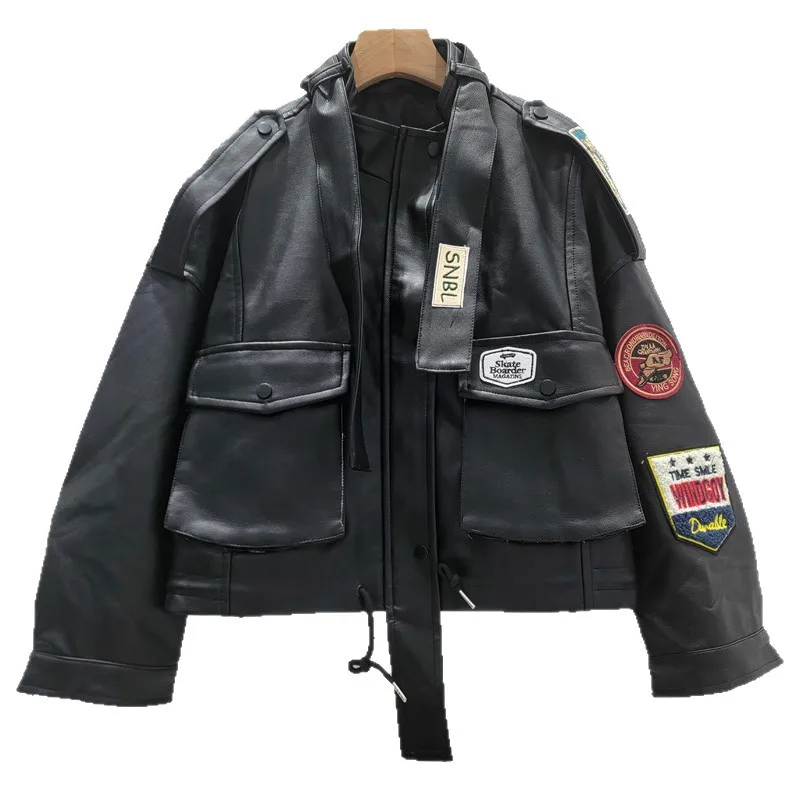 Kurtka motocyklowa Bla Biker, luźny krój, stójka, skóra PU, damska, wiosenno-jesienna, modna odzież wierzchnia, stylowa i wygodna.