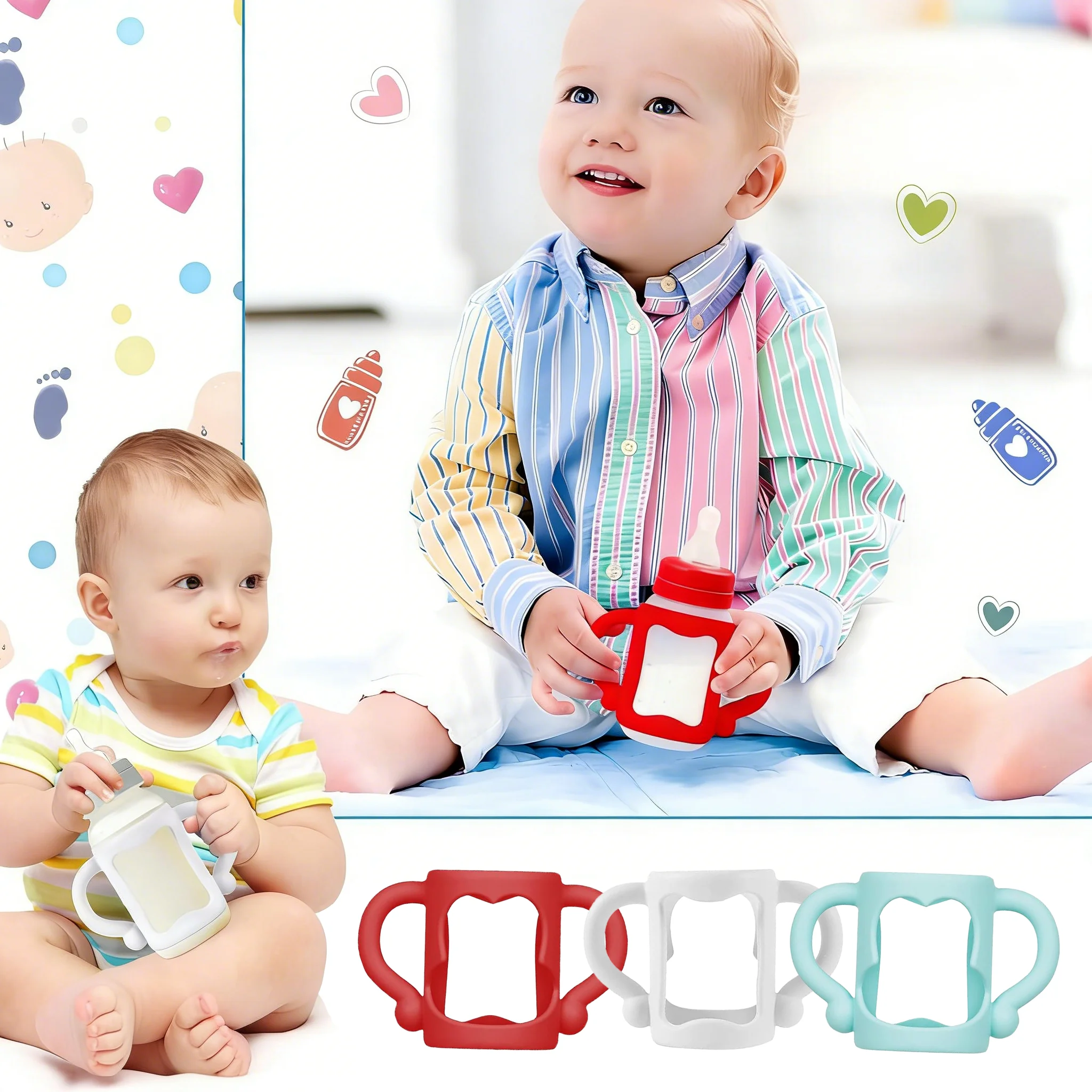 1/3PCS Baby Bottle Handle Universal Silicone Bottle Handle Can Accommodate Most Bottles Easy Grip Handle, 100% Silicone-BPA-Free