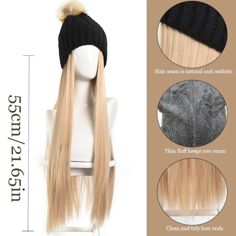 Hat Wig Fleece Lined Knit Beanie Ski Hat Long Straight Synthetic Hair Winter Warm Integrated Hat Wig For Women