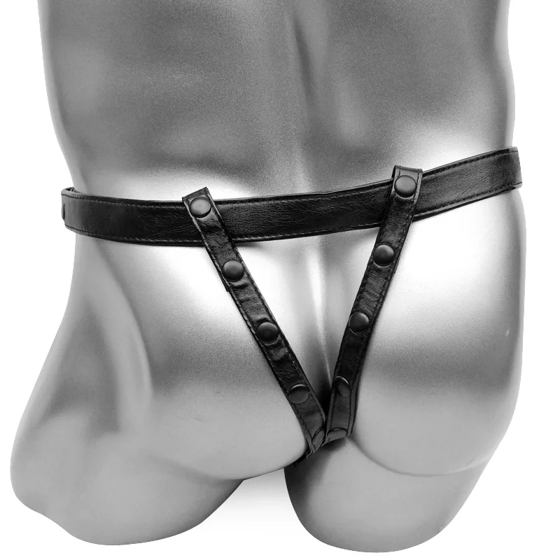 Jockstrap PU Leather Underwear Mens Thong With Rivet Bulge Pouch Openable Sexy Lingerei Clubwear Open Butt Punk Underwear