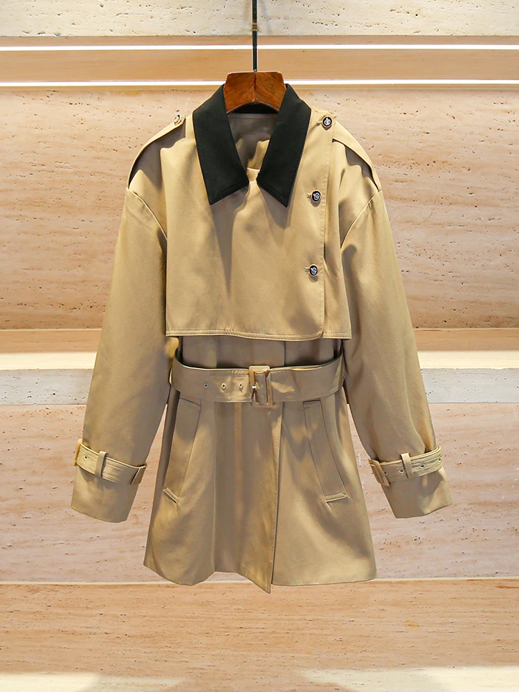 

Miumem Роскошное женское пальто в европейском стиле цвета хаки с воротником и поясом, маленькая ветровка Fraance, винтажная свободная посадка, длинный све