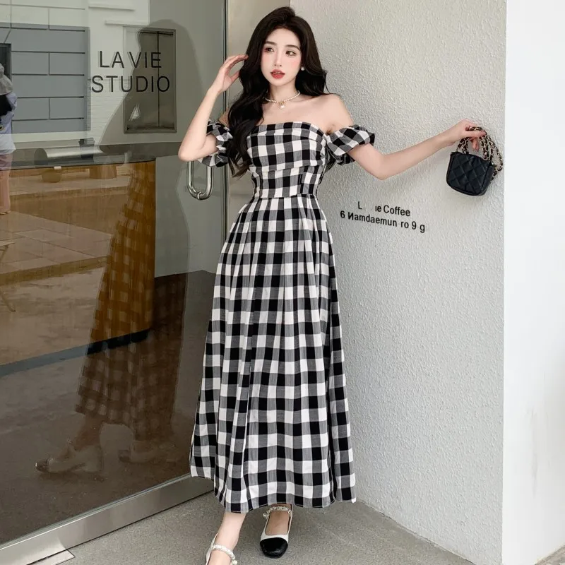 Ofallsis Off Shoulder French Style Puff Sleeve Plaid One Shoulder Dress 2024 Summer New Elegant Vintage Waist Slim Long Dresses