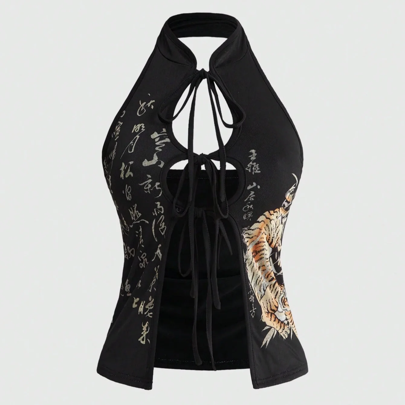 Chinese Style Halter Neck Tank Top for Women Oriental Calligraphy Tiger Print Multi Lace-Up Backless Slim Fit Summer Top