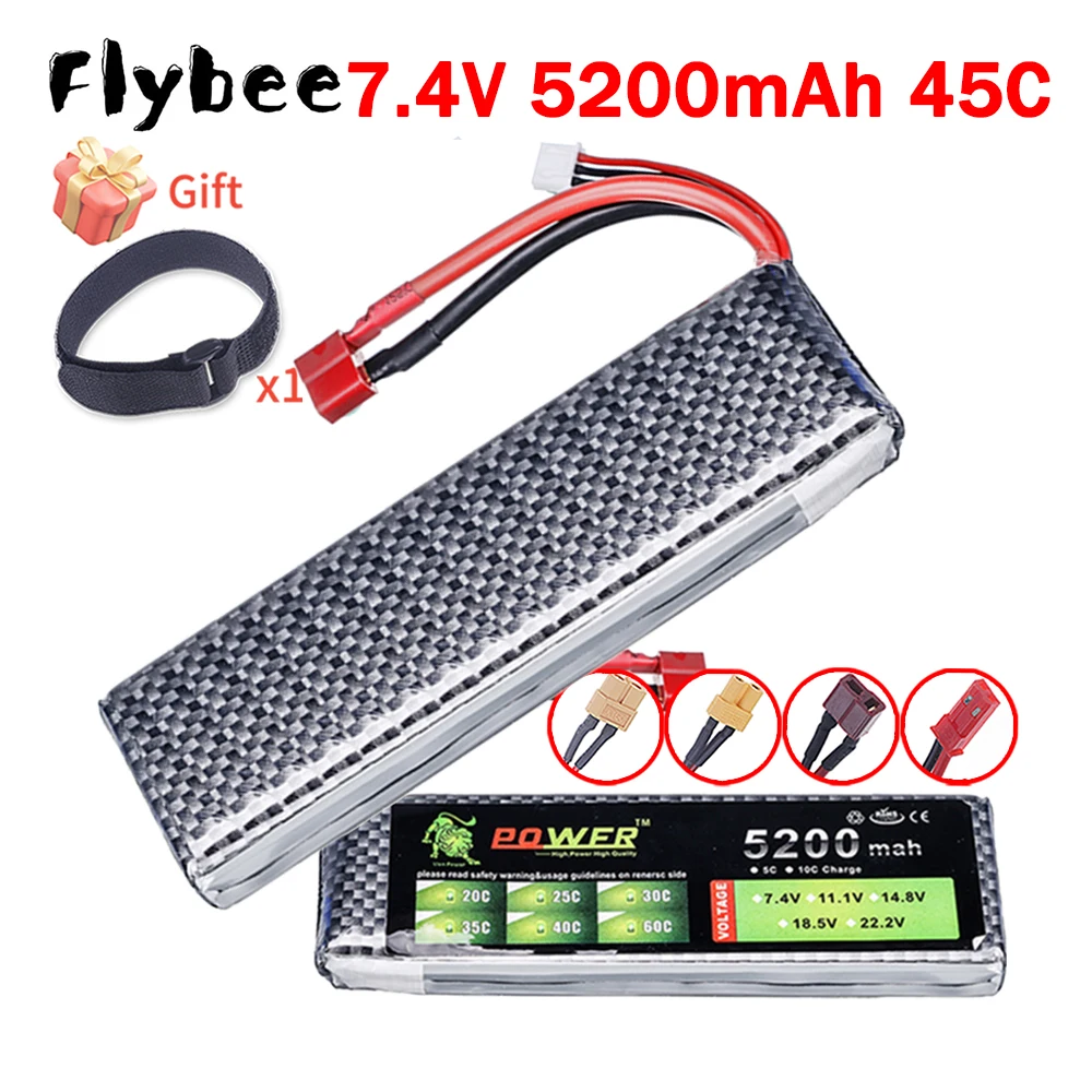 Lipo 7.4V 5200mAh 45C Battery For RC Drones Quadcopter Helicopter Boat Spare Batteries 7.4 V 2S Battery Deans T XT60 Connector