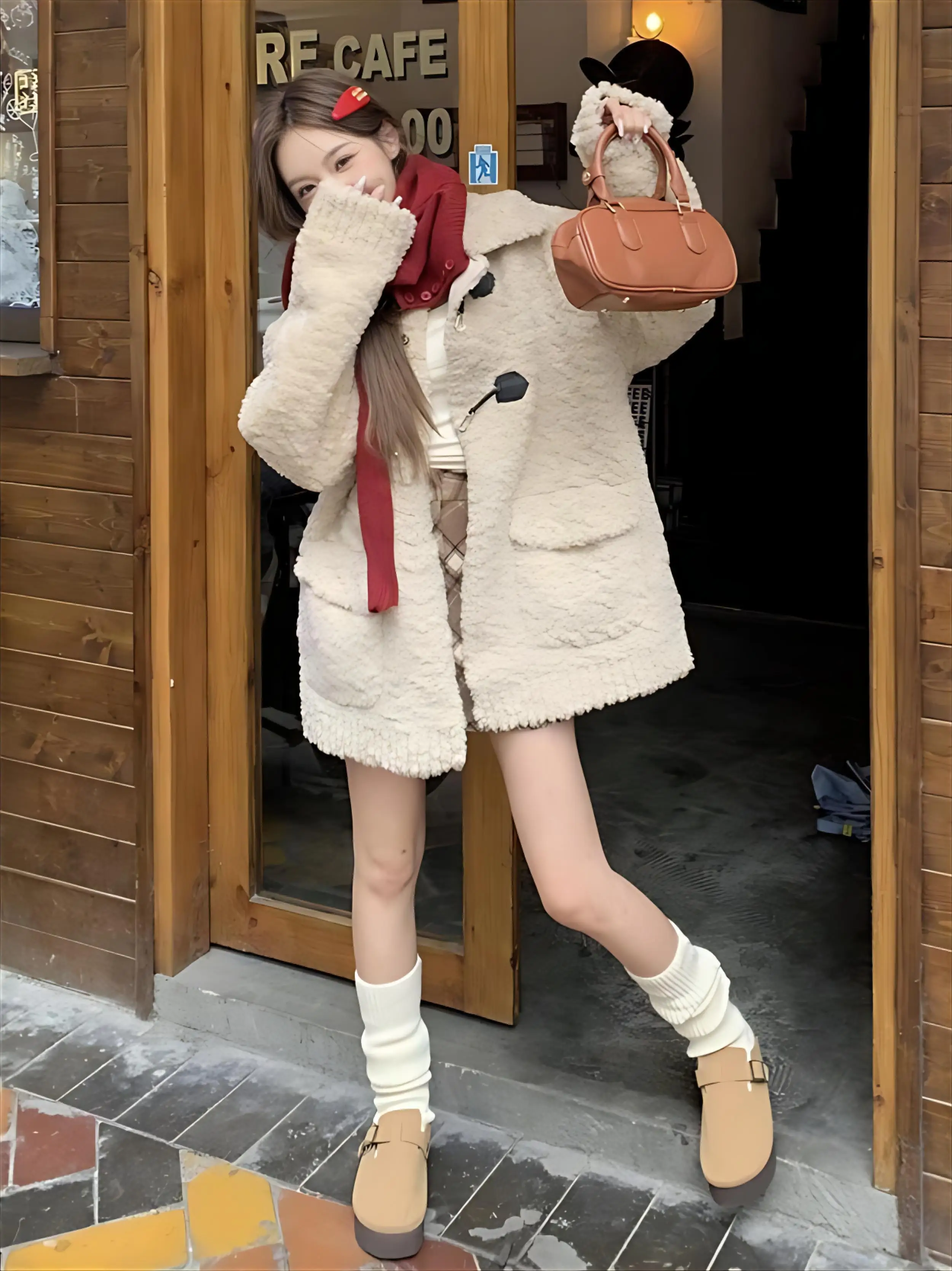 

Lamb Wool Jacket Harajuku Fashion Women Cropped Cord Textural Fabric Button-Through Front Utility Pocket Design Practical Ladies