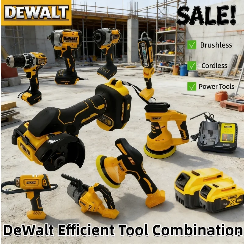 

Многофункциональные электроинструменты DeWalt 20V: беспроводная бесщеточная угловая шлифмашина, резак, электрический гайковерт, термофен, полировальная машина, воздушный насос.