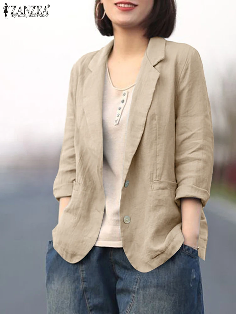 ZANZEA Loose Casual Blazer Women 2024 Autumn Commute Solid Color Pure Cotton Suit Jackets Leisure Classy Long Sleeve Blazer