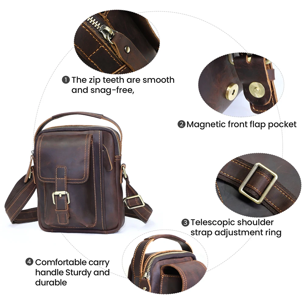 New Men's Bag Crazy Horse Men's Shoulder Bag Crossbody Bag Multi functional Genuine Leather Bag