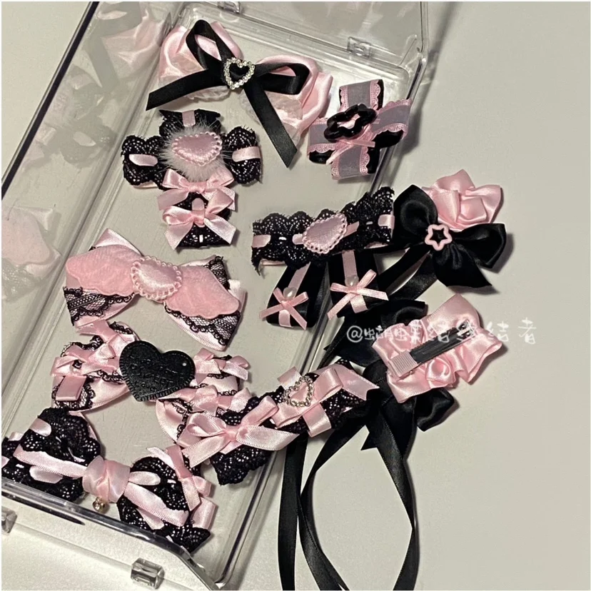 Lolita accessories black pink silk ribbon bow sweet cool star love cute girl hair clip Anime accessories