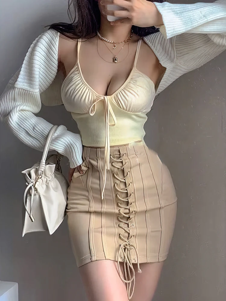Sexy Beige Basic Bra Tops Woman Off Shoulder Tank Top With Thin Strap 100% Cotton Bustier Lingerie Cute Front Bow Tied Camis image 3