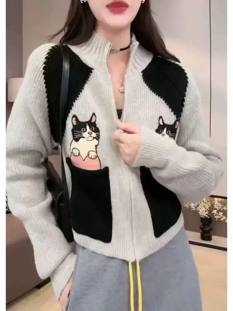 

Women's Elegant Cartoon Embroidey Knitted Caedigan Autumn Winter New Half High Neck Long Sleeve Tops Sweet Versatile Sweater