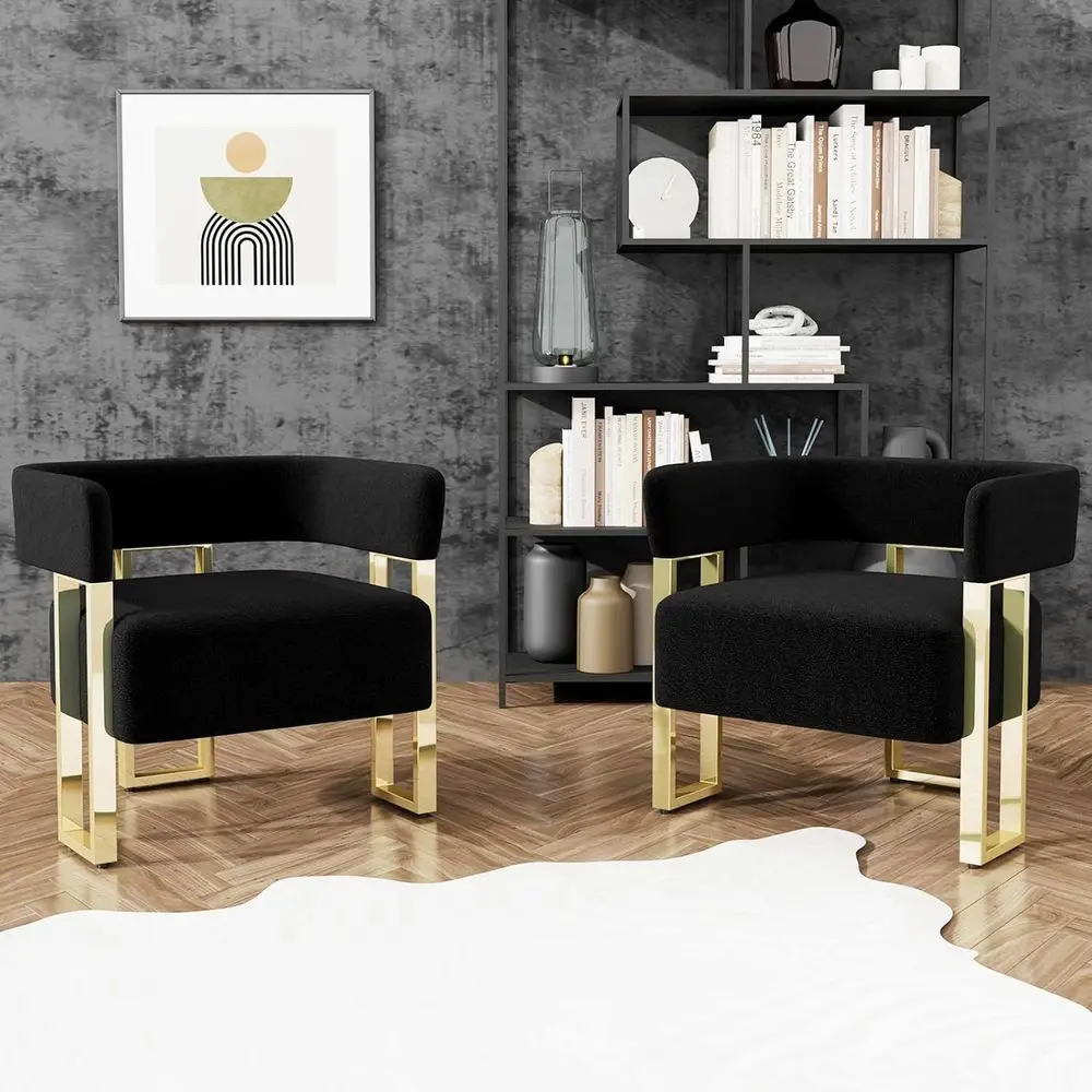 Pair of Modern Black & Gold Accent Chairs, Boucle Bucket Style, Ideal for