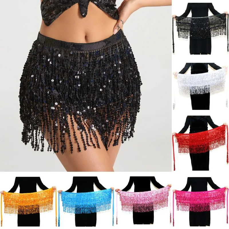 

Мини-юбка для латиноамериканских танцев, танцев брюзгочеловек, хулы, чирлидинга, футбола, с пайетками, цепочками, поясом, костюмный аксессуар, юбка с бахромой, пояс-платок на бедра и талию