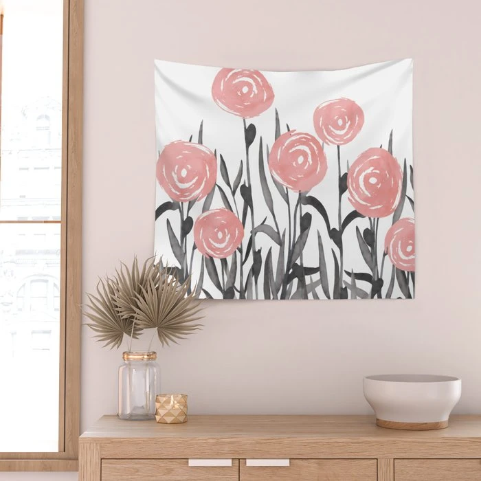 Ins Simple Watercolor Pink Flower Tapestry Flower Art Hanging Cloth Homestay Dormitory Renovation Background Cloth