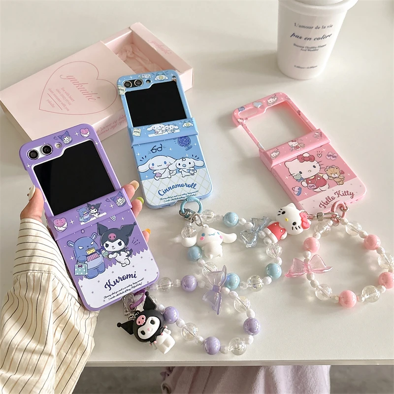 Correa de Cuello con Diseño de Dibujos Animados de Hello Kitty, Kuromi y Cinnamoroll en Colores Pastel para Samsung Galaxy Z Flip 7, Z Flip 4/5, Z Flip 3, Z Flip 6