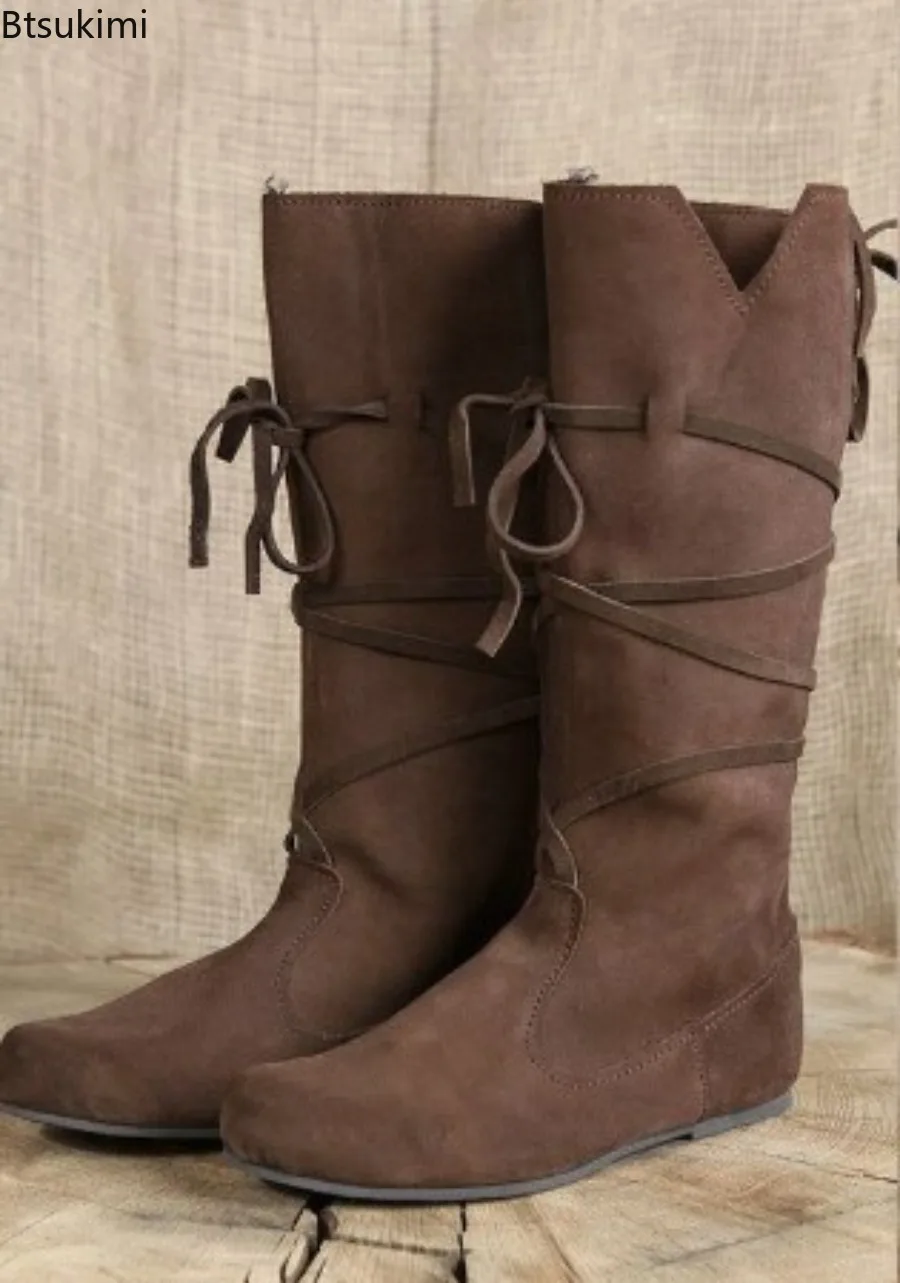 Medieval Costume Retro Women and Men Knight Boots Larp Shoes PU Leather Nordic Warrior Cosplay Fancy Carnival Party Anime Shoes