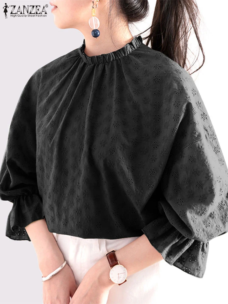 ZANZEA Fashion Ruffle Stand Collar Tunic Women Lacing Pattern Tops Casual Solid Pleating Blusa Vintage Lantern 3/4 Sleeve Blouse