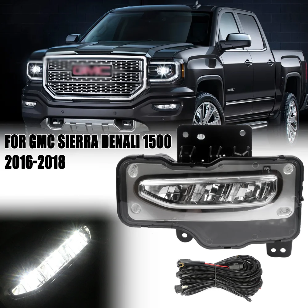 Full Set Front Bumper Fog Light Kit For GMC Sierra 1500 2017‑2018 LED Fog Lamp With Bezels Wiring Harness Control Switch