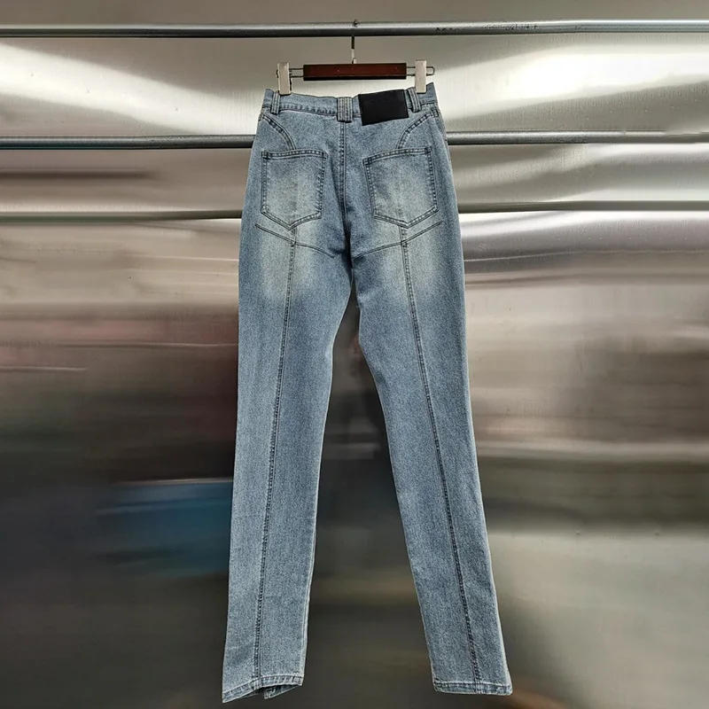 Hksh primavera outono novas mulheres jeans fino ajuste divisão angustiado lavado denim retro high street elegante moda lápis calças hk17858