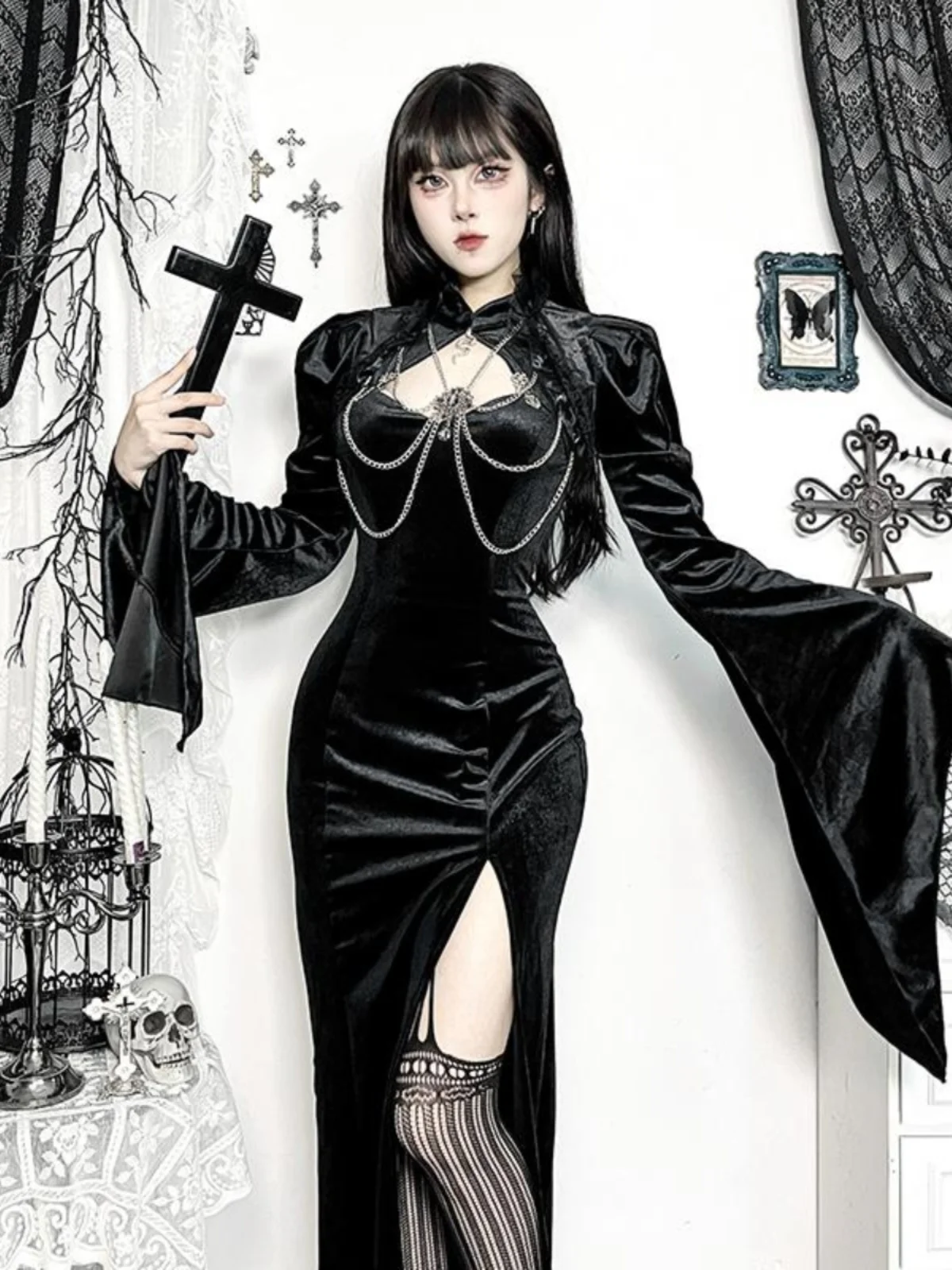 

Готический бархатный костюм на Хэллоуин с расклешенным болеро, юбкой и верхней одеждой для женщин в стиле фестивальной атмосферы