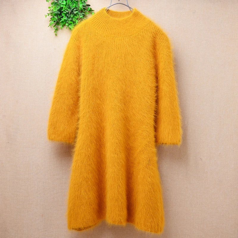 

Ladies Women Autumn Winter Clothing Angora Rabbit Hair Knitted jersey Half Sleeves O-Neck Slim Blouses Pullover Sweater Dress