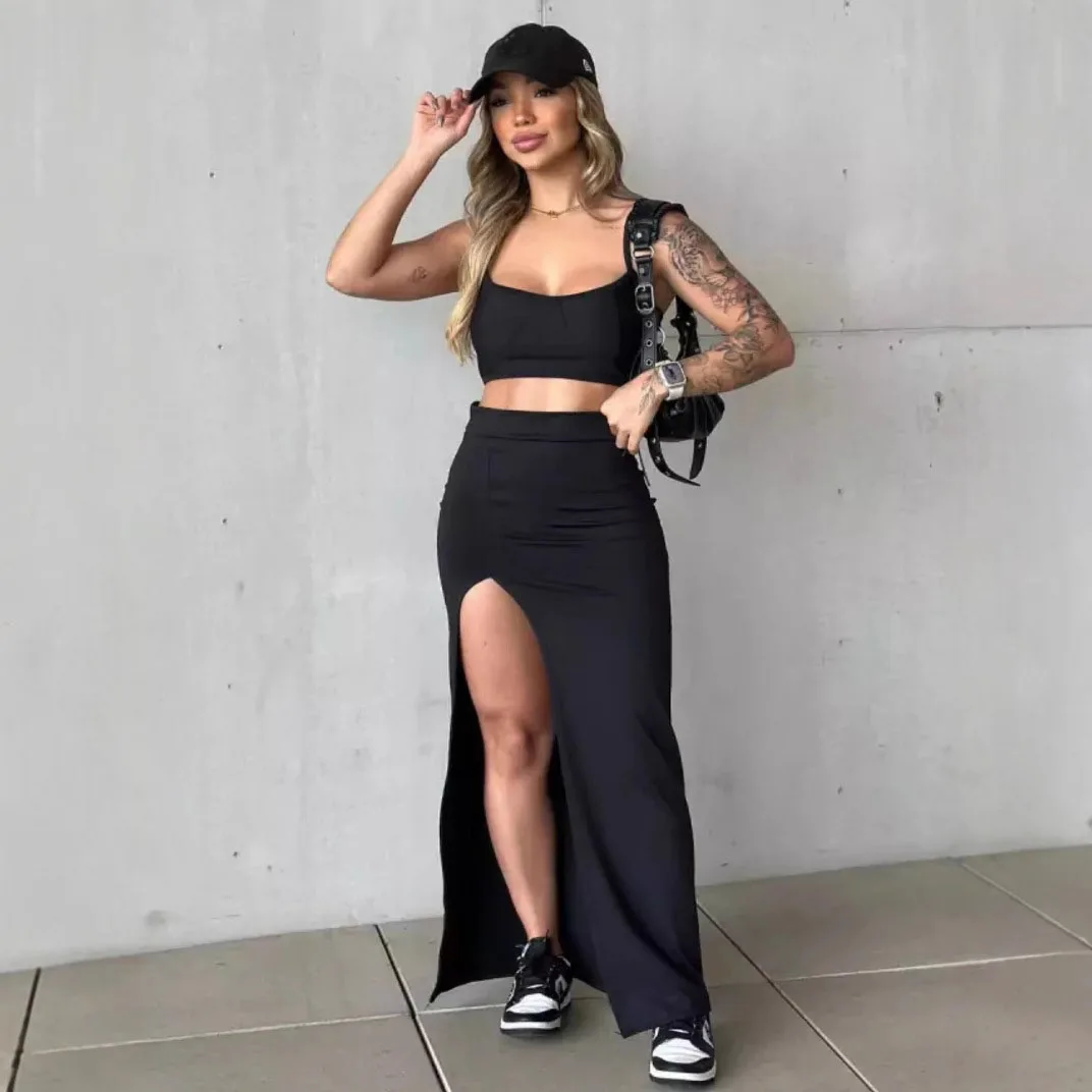 

Sexy Black Fashion Summer Long Skirt For Women High Waist Side Split Patchwork Solid Streetwear Ladies Sexy Y2k Maxi Skirt 2025