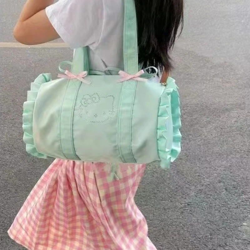 Summer Green Jello Kitty Cat One-shoulder Underarm Bag Women's Round Drum Bow Nylon Cloth Large Capacity Tote Bag Girls