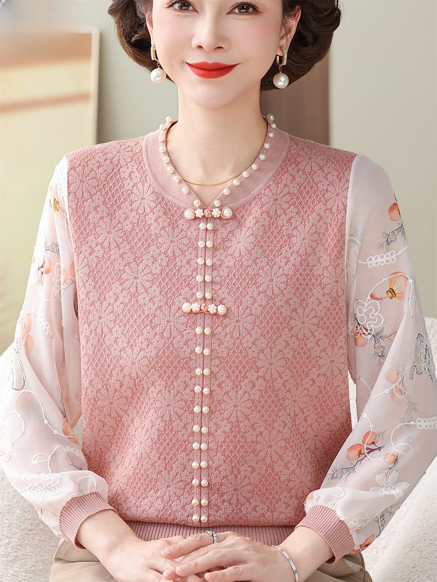 

Ice Silk T-Shirt with Lace Sleeves for Middle-Aged And Elderly Women Spring Summer Lightweight Fashionable Plain Color