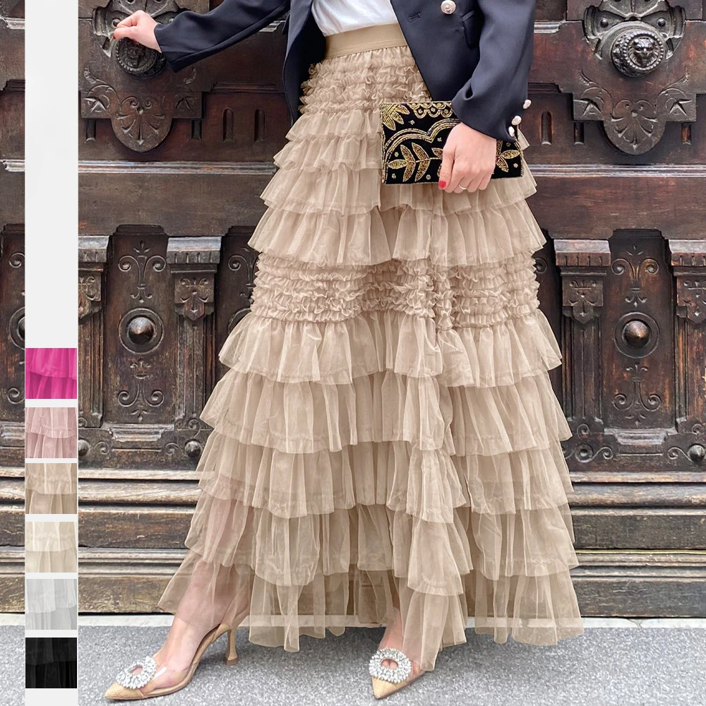 New women's high-end summer style mesh cake skirt fluffy skirt solid color A-line half length skirt 2024